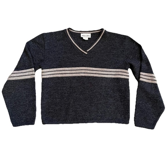 VTG Glory US Women's M Cropped Sweater Gray Rugby Stripe Retro 80's Preppy USA - Picture 2 of 8